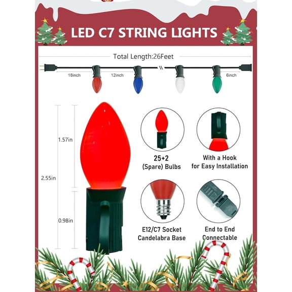 OTGFRF-C7 LED Multicolor Christmas Lights, 26Ft Vintage Outdoor Christmas String Lights with 27 Colorful Ceramic LED Bulbs, Connectable Hanging Lights for Holiday Party Backyard Roofline House Xmas D