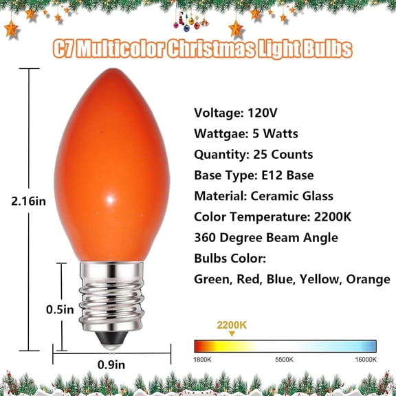 OTGFRF-C7 Multicolor Christmas Light Bulbs, 25 Pack C7 Multicolor Ceramic Replacement Bulbs Vintage Incandescent Light Bulb for Christmas String Lights, E12 Candelabra Base- 5 Watts