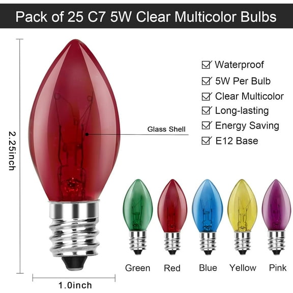 OTGFRF-C7 Multicolor Christmas Replacement Bulbs, Clear Multicolor Incandescent Light Bulbs for C7 Outdoor Patio Christmas String Lights, E12 Candelabra Base, 5 Watt, 25 Pack