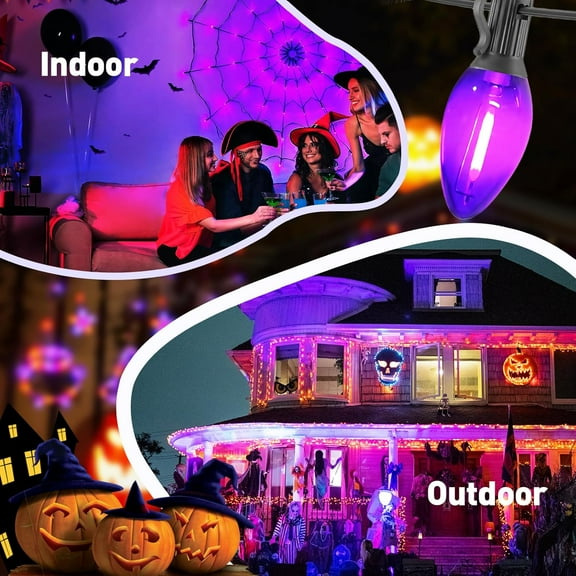 OTGFRF-C7 Purple Christmas Lights Outdoor and Indoor 10ft - Halloween LED String Lights with 10 Vintage Bulbs, Waterproof Black Wire for Patio, Roofline, Xmas Tree, Holiday Decor