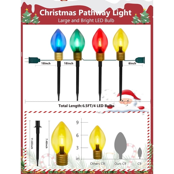OTGFRF-C9 Jumbo Christmas Pathway Lights Outdoor, 6.5Ft Christmas Decorations with 4 7.5'' LED Giant Multicolor Walkway Lights Bulb Waterproof, Vintage Xmas String Light for Lawn Holiday Outside Yard