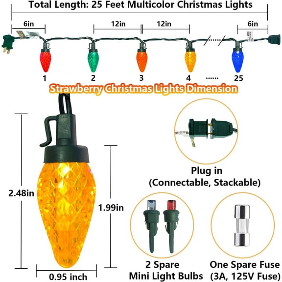 OTGFRF-C9 LED Christmas Lights Outdoor, 25Ft Strawberry String Light 25 LED Multicolor Lights, Plug in Vintage Christmas Light for Garden Camping Party Tree Wedding Xmas Decor