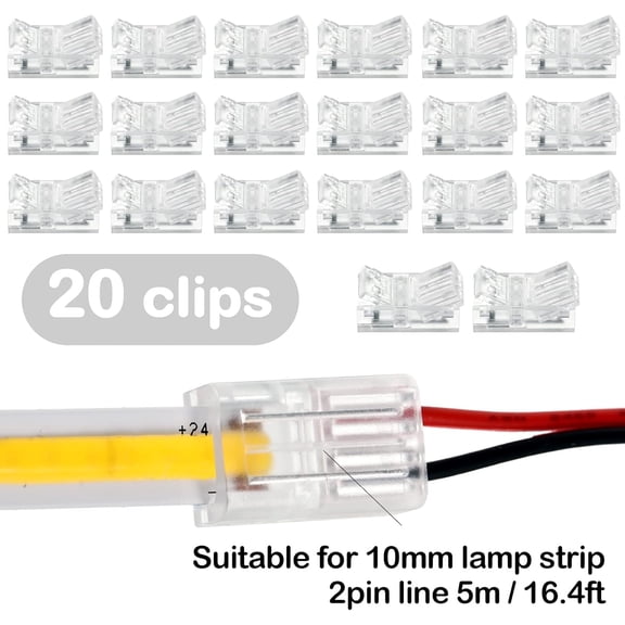 OTGFRF-COB LED Strip to Wire Connector 20 Pieces Waterproof LED Adapter Connectors Transparent Solderless LED Light Strip for Unwired Gapless Track Lighting(2 Pin, 10 mm)