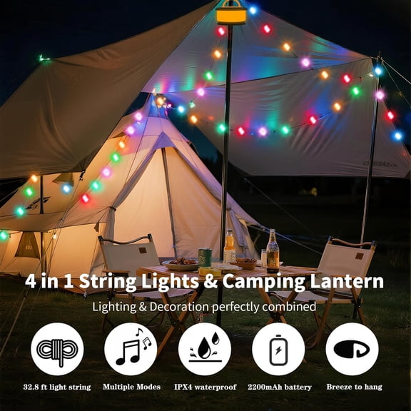OTGFRF-Camping String Lights with 19 Modes, 4 in 1 Outdoor Camping Lights Rechargeable 32.8FT, Glamping Essentials, Music Sync Mode, Waterproof Retractable Tent Light for Camping, Hiking, Travel, Gif