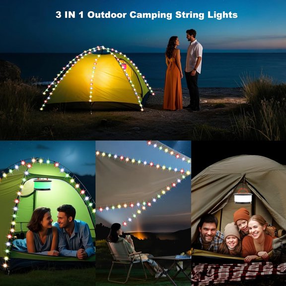 OTGFRF-Camping String Lights, Retractable String Lights Camping with 19 Lighting Modes, 32.8 FT Outdoor Rechargeable String Lights, Portable Camping Tent Lights String for Party, Camping, Christmas(O