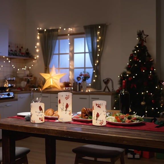 OTGFRF-Cardinal Flameless Candles, 3 Pack LED Flickering Pillar Candles with Red Bird Decals, Real Wax Cardinal Home Decor for Halloween Christmas Decor(D3 x H456)