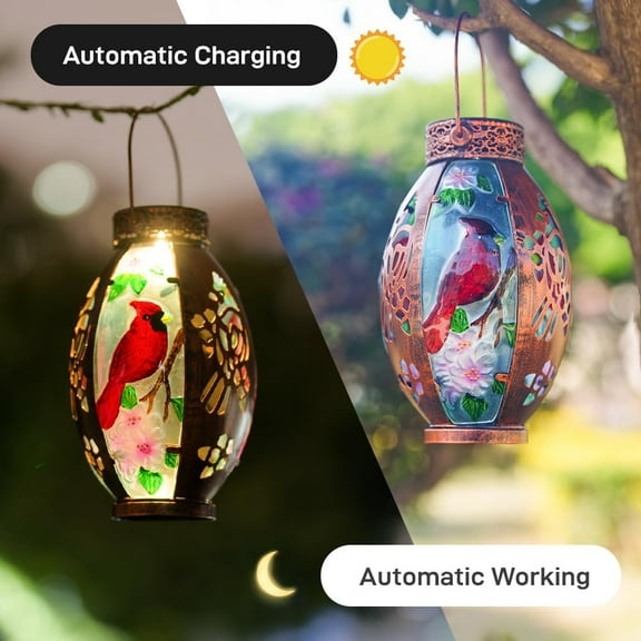 OTGFRF-Cardinal Outdoor Solar Lantern - Metal & Stained Glass Cardinal Solar Light, Waterproof Tabletop Lamp with Hollowed-Out Design for Yard, Patio, Garden, Pathway
