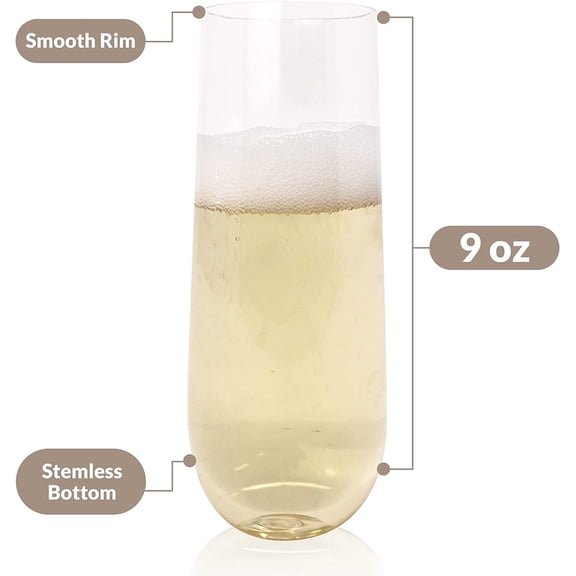 OTGFRF-Champagne Flutes Plastic | 25 Pack | 9 oz - Clear | Stemless Premium Plastic Champagne Flutes | Party-Perfect for Celebrations