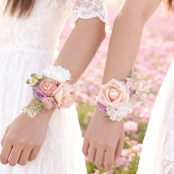 OTGFRF-Champagne Rose Wrist Corsage, Pack of 2 PCS Wedding Bridal Wrist Flower Corsage Hand Flower Artificial Silk Rose Decor for Prom Party Wedding (Champagne, 2pcs).