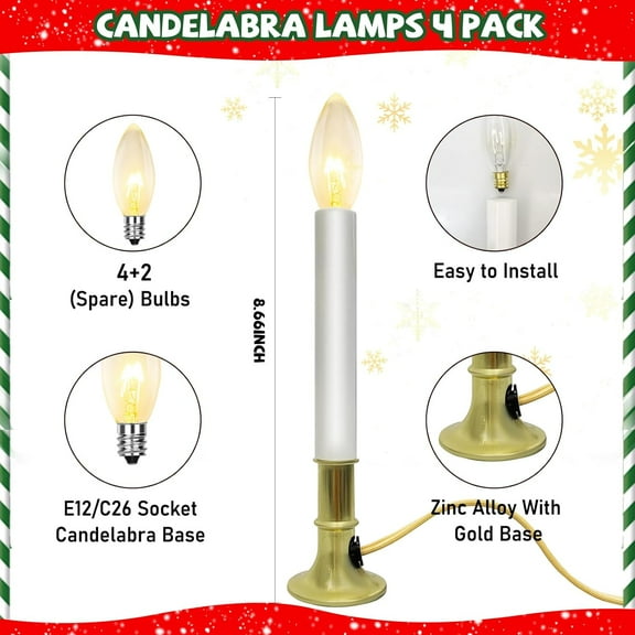OTGFRF-Christmas Electric Window Candle Lights with Gold Plated Base, 7W C26 Clear Torpedo Tip Bulb, Plug in Electric Candle Lamp for Holiday Party Table Xmas Decor, Turn On/Off Switch, Ready to Use-