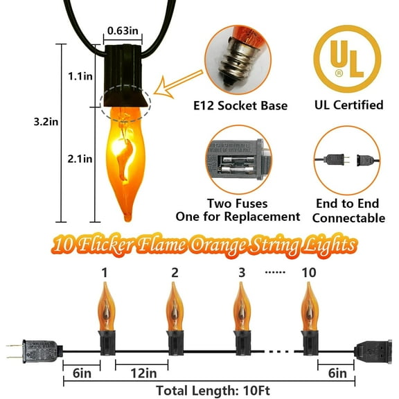 OTGFRF-Christmas Flickering Orange String Lights Outdoor, 10Ft Flicker Flame Light 10 C7 Flame Bulb Lights, Outside Orange Light Plug in for Indoor Balcony Patio Party Christmas Halloween Decorations