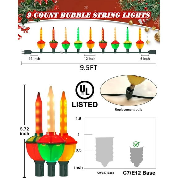 OTGFRF-Christmas Multicolor Bubble String Lights, 9.5 Feet Christmas Decorations Lights Outdoor with 9 LED Flash Bubble Bulbs, Vintage Multicolor Bubble Light for Xmas Tree Holiday Party Decor Lighti