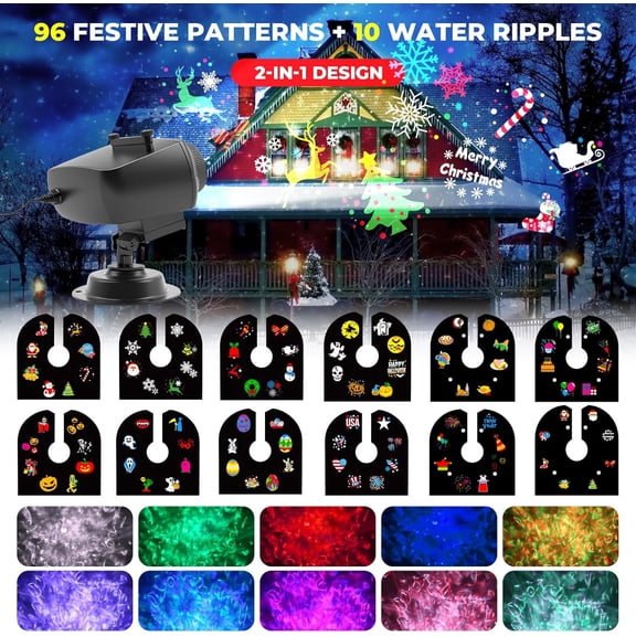 OTGFRF-Christmas Projector Lights Outdoor Waterproof,15W Brighter HD Ocean Wave Effect,12 Slides 96 No Fade Pictures for Thanksgiving,New Year LED Projector Decoration