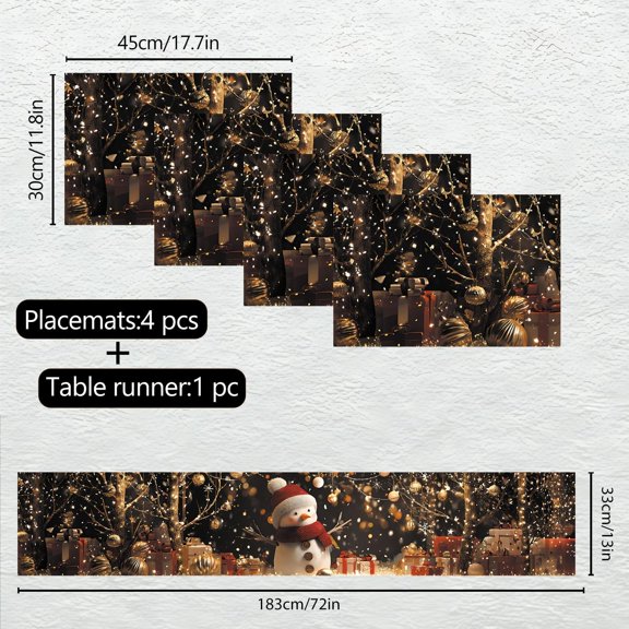 OTGFRF-Christmas Snowman and Lights Table Runners and Placemats Set of 4 - Festive Holiday Design with Snowman,, and Sparkling Lights, Perfect for Winter Celebrations