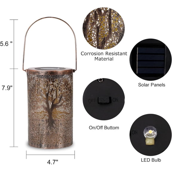 OTGFRF-Christmas Solar Lanterns Outdoor Waterproof Hanging, Tree of Life Solar Lantern Garden Decor, Gardening Decorative Gifts for Women Mom Grandma, Metal Lanterns for Yard, Frontyard, Backyard, Po