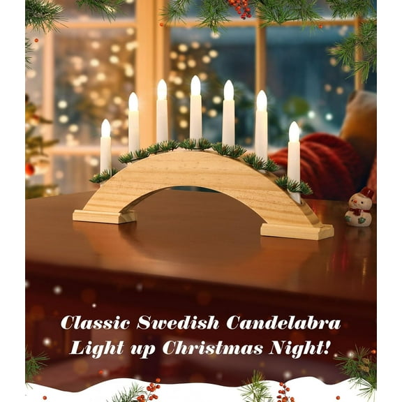 OTGFRF-Christmas Swedish Candelabra, 7 Taper Flameless Candles with USB Powered, Christmas Window Candle Light with Pine Needles, Wooden Candle Bridge Light for Xmas Decoration Wedding, Wood