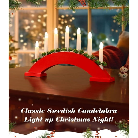 OTGFRF-Christmas Swedish Candelabra, 7 Taper Flameless Candles with USB Powered, Christmas Window Candle Light with Pine Needles, Wooden Candle Bridge Light for Xmas Decoration Wedding, Red