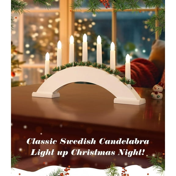 OTGFRF-Christmas Swedish Candelabra, 7 Taper Flameless Candles with USB Powered, Christmas Window Candle Light with Pine Needles, Wooden Candle Bridge Light for Xmas Decoration Wedding, White