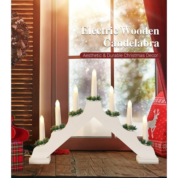 OTGFRF-Christmas Swedish Candelabra, Electric Candles with 7 Flameless Taper Candles, USB Powered Wooden Candle Bridge Light with Pine Needles, Decorative Xmas Candle Lights for Windows Wedding,White