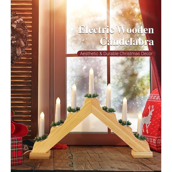 OTGFRF-Christmas Swedish Candelabra, Electric Candles with 7 Flameless Taper Candles, USB Powered Wooden Candle Bridge Light with Pine Needles, Decorative Xmas Candle Lights for Windows Wedding, Wood