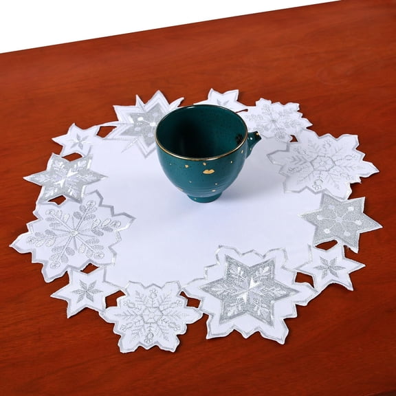 OTGFRF-Christmas Table Runner Snowflake Placemat Round White Set of 4 Table Decorations EmbroideredSparkle Sequin Silver Glitter Shiny Cutwork Holiday Festive Dining Decor