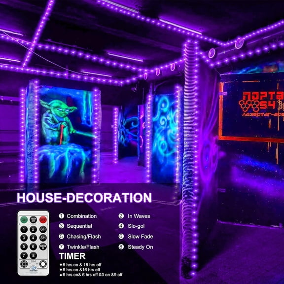 OTGFRF-Christmas UV String Lights,66FT 200LED Ultraviolet Blacklights String Light Outdoor Indoor,Waterproof Xmas String Lights with Remote for Fluorescent Party Stage Decor