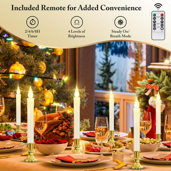 OTGFRF-Christmas Window Candles Battery Operated with Timer Remote, Flameless LED Candle Lights with Gold Removable Candlesticks and Suction Cups, White Cordless Candles for Windows Table Decoration