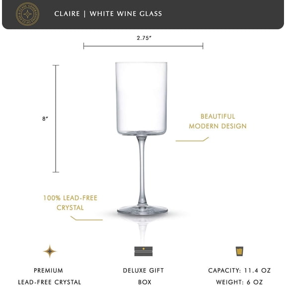 OTGFRF-Claire 11.4oz White Wine Glass Set of 2, Elegant Crystal Stemware Stemmed Wine Glasses Made in Europe, Unique and Modern Glasses with Stem