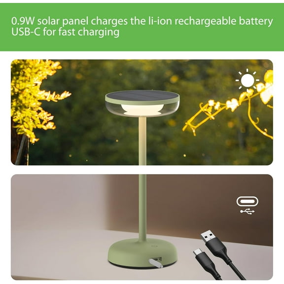 OTGFRF-Cocktail Style Solar Table Lamp Cordless LED Light with USB-C Charging, Dimmable Warm 2700K Glow, Weather Resistant for Indoor/Outdoor Use Green, 1 Pack