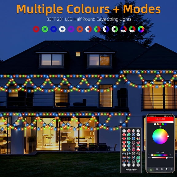 OTGFRF-Color Changing Smart Christmas Lights 33FT 231LED RGB Christmas String Lights with Music Sync, Remote & App Control & Timer, Waterproof Half Round Light Multiple Color Modes, Dimmable Eaves De