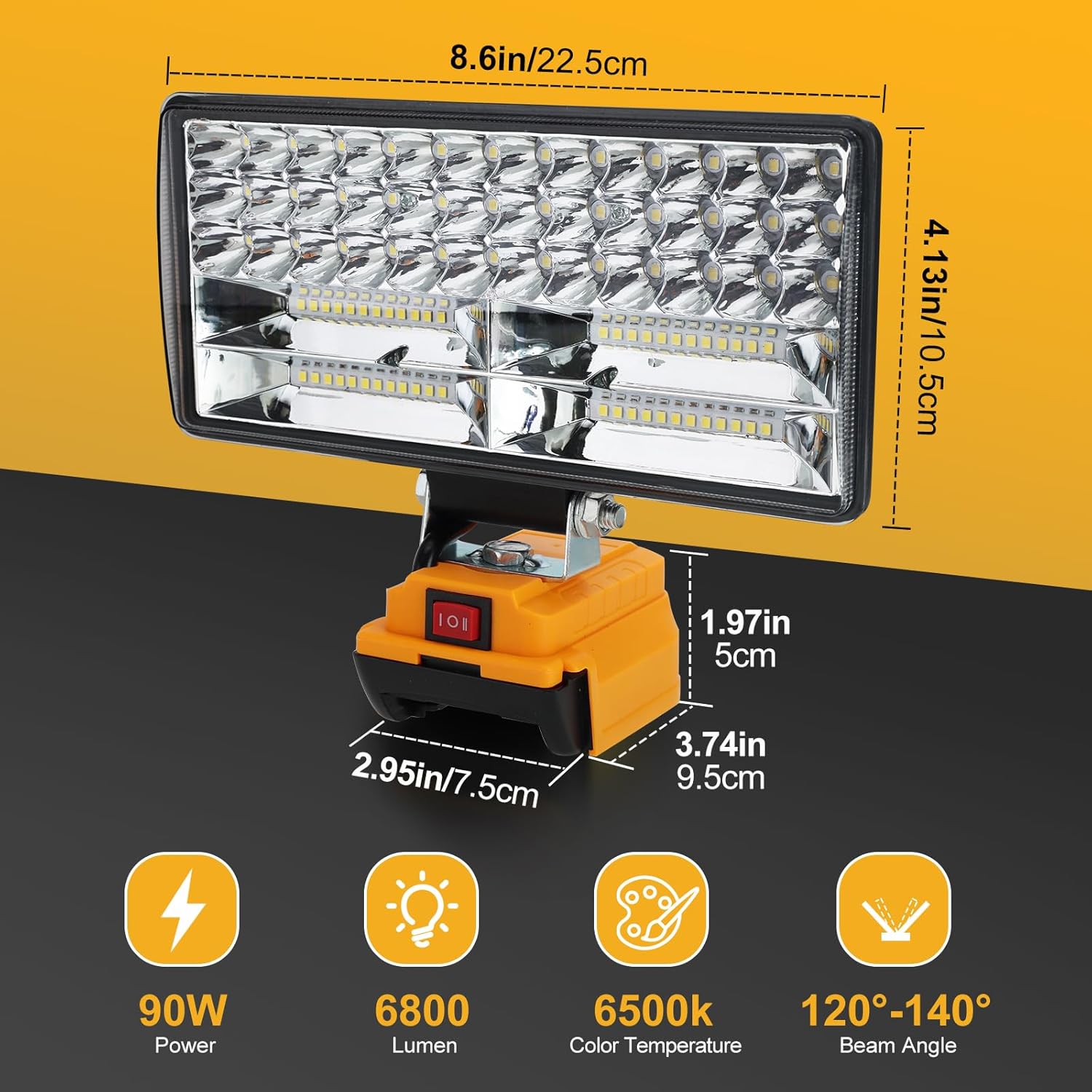 LIVOWALNY Cordless 20V Max LED Work Light – 90W 9000LM, 2 Brightness Settings, USB & Type-C, Low Voltage Protection, 140° Pivot Head, For Dewalt Batteries