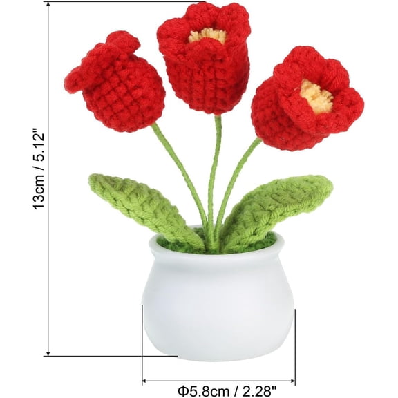OTGFRF-Crochet Flowers, Handmade Knitting 3Head Lily of the Valley Artificial Woven Small Potted with Stems for Valentine's Gifts Home Wedding Party Office Tables Decoration, Red