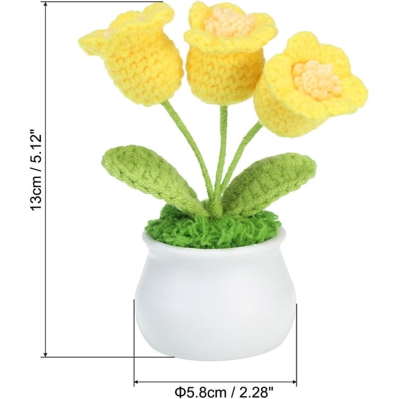 OTGFRF-Crochet Flowers, Handmade Knitting 3Head Lily of The Valley Artificial Woven Small Potted with Stems for Valentine's Gifts Home Wedding Party Office Tables Decoration, Yellow