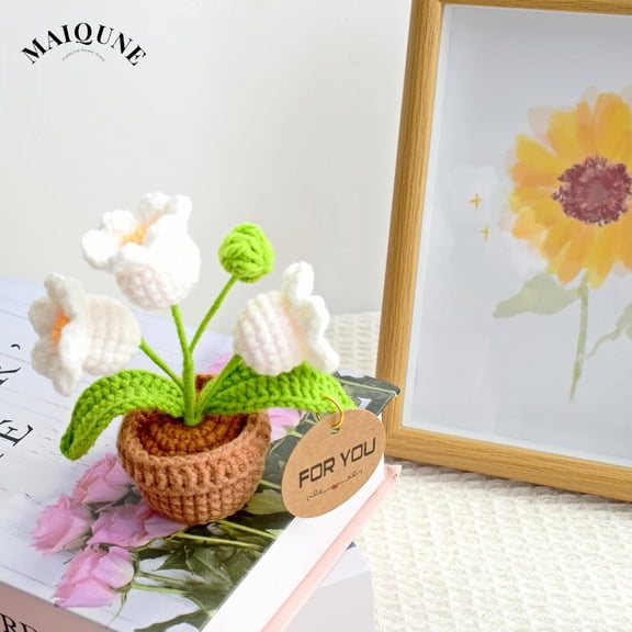 OTGFRF-Crochet Flowers Potted Plants,Knitting Lily of The Valley Flowers Gift for Mother's Day,Birthday,Teachers Day, Graduation,Valentines,Decor for Car Home Office (White Lily of The Valley)