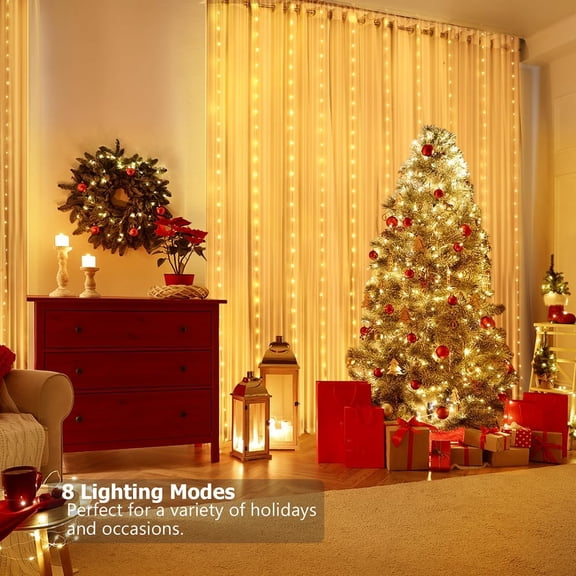 OTGFRF-Curtain Lights 8ft x 6ft, 144 LED Twinkle Fairy String Lights Curtain with Remote & Timer, IP65 Waterproof, USB Powered for Indoor Outdoor Wall Bedroom Backdrop Christmas Decor - Warm White