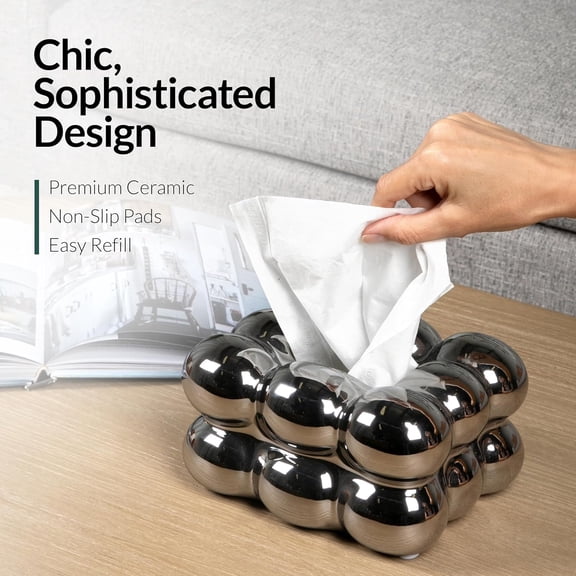 OTGFRF-Decorative Ceramic Tissue Paper Holder Box, Novelty, Modern Design, for Bathroom Vanity, Living Room, Bedroom Dresser, Night Stand, Kitchen Countertop, Office Desk, Home Decor, Silver