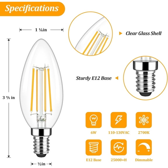 OTGFRF-Dimmable Candelabra E12 LED Light Bulbs 60W Equivalent, 5-Pack B11 6W Chandelier Light Bulbs, 620Lm 2700K Warm White Candle Lightbulbs for Wall Sconce, Clear Glass