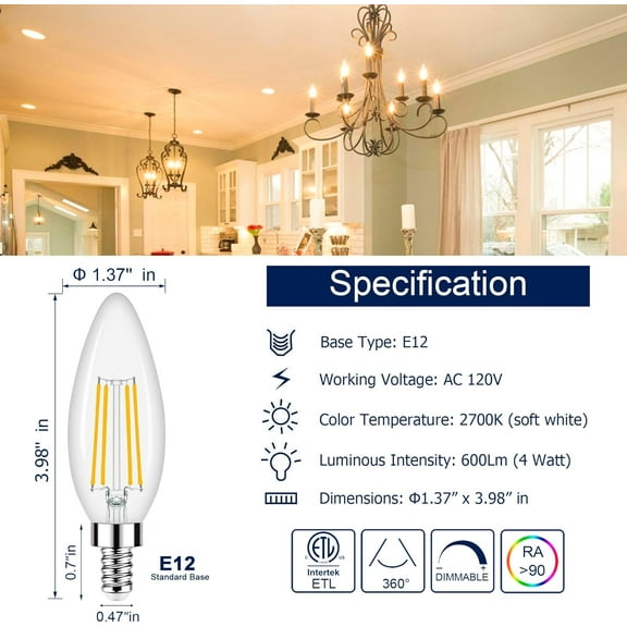 OTGFRF-Dimmable E12 Candelabra Led Light Bulbs, 2700k 60-Watt Equivalent Type B Chandelier Light Bulb for Ceiling Fan, Soft White C35 B11 Candle led for Candelabra Base 6 Pack