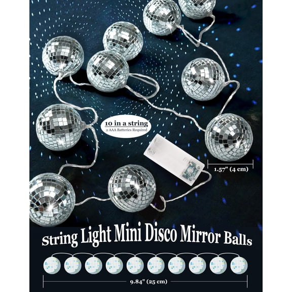 OTGFRF-Disco Ball Light String 10 LED 9.84-Foot Mirror Disco Ball String Lights, Battery Powered for Party, Wedding, Christmas, Holiday, Classroom Decor (Silver White, 1.57 Inch)
