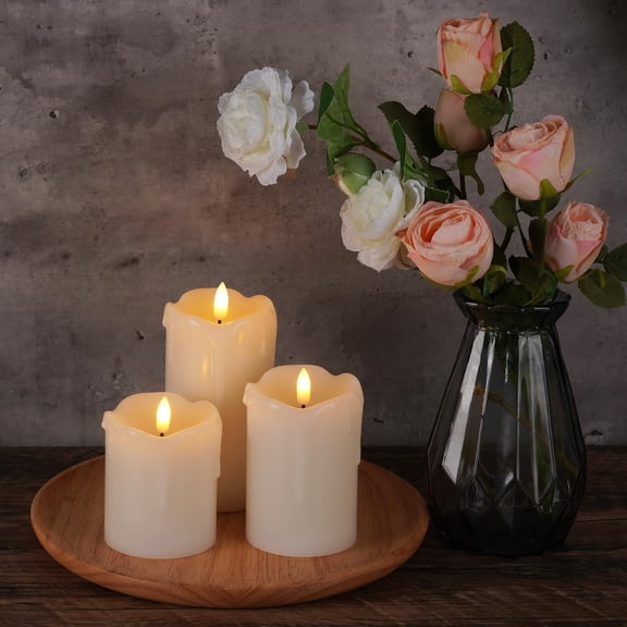 OTGFRF-Dripping Wax Flameless LED Pillar Candles, Battery Operated with Remote Control and Timer, Set of 3, 5" H x 4" W x 6" D