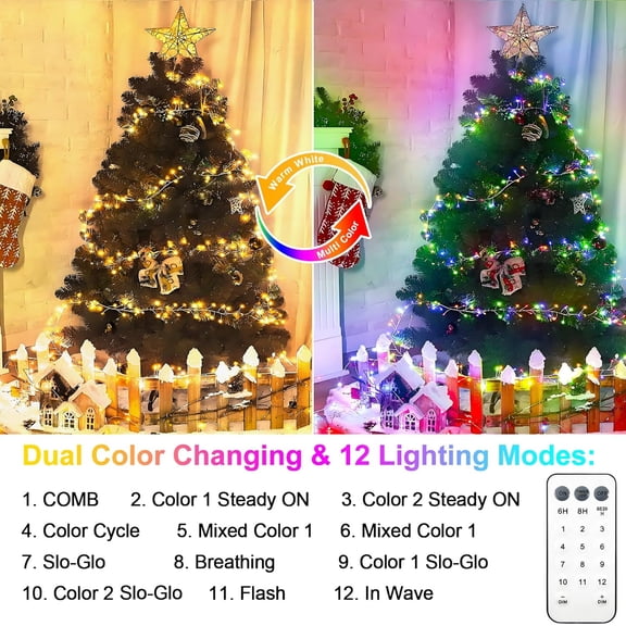 OTGFRF-Dual Color Changing Cluster Fairy Lights Battery Operated, 10Ft 200 LED Fairy String Lights with Remote Control Timer Twinkle Firecracker Christmas Lights for Bedroom Xmas Tree Garland Decorat