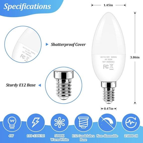 OTGFRF-E12 Candelabra LED Light Bulbs 40W Equivalent, 4W Small Candle Light Bulbs Daylight White 5000K, Type B Ceiling Fan Lightbulbs for Chandelier, Table Lamps, Non-Dimmable, Pack of 12