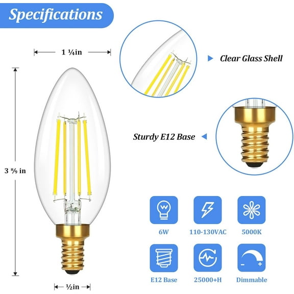 OTGFRF-E12 Candelabra LED Light Bulbs 60 Watt Equivalent, 12 Packs Super Bright 620 Lumen, 6W Clear LED Candle Bulbs, Daylight White 5000K Dimmable Chandelier Light Bulbs for Ceiling Fan