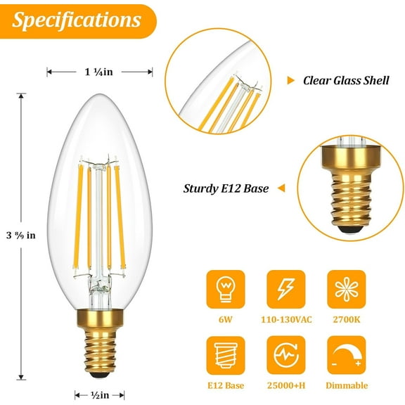 OTGFRF-E12 Candelabra LED Light Bulbs 60W Equivalent, 2700K Soft White, 620Lumens 6W LED Chandelier Bulb, B11 Filament Clear Candle Light Bulbs Dimmable, Pack of 12 Small Base Bulbs