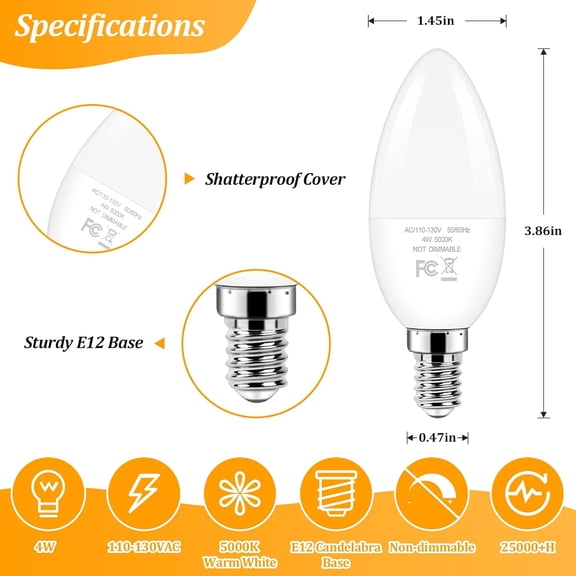 OTGFRF-E12 LED Candelabra 40 Watt Equivalent Light Bulbs, 4W Warm White 2700K Ceiling Fan Bulbs, Chandelier Candle Lights for Wall Lanterns, Pendant Lights, Non-Dimmable, 6-Pack