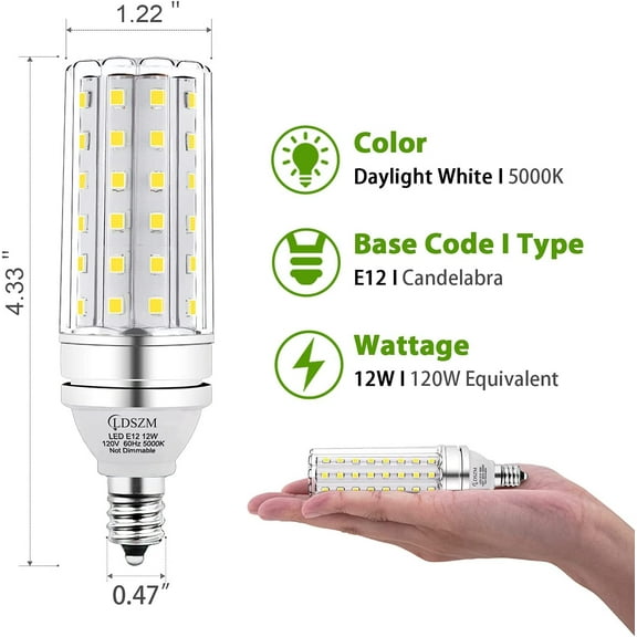 OTGFRF-E12 LED Corn Light Bulb, 12W Equivalent 100W, 1200 Lumen Daylight 5000K, Non-Dimmable Candelabra Base Chandelier Light Bulbs, Pack of 3