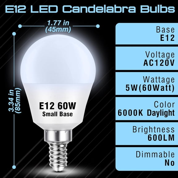 OTGFRF-E12 LED Globe Candelabra Light Bulbs 60 Watt Equivalent, Daylight White 6000K, E12 A15 Light Bulbs Small Base for Chandelier Pendant Ceiling Fan Lighting, 5W 600lm, Non-Dimmable, 4 Pack
