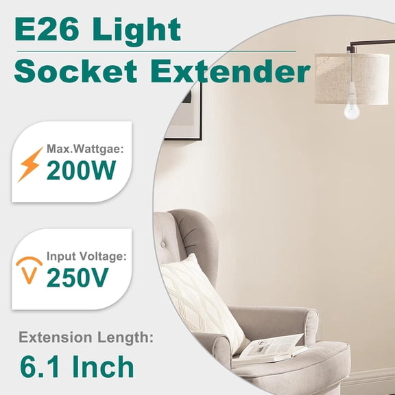 OTGFRF-E26 15.5CM/6.1 Inch Extension Socket Extender Adapter, E26 Flexible Extender, All-Directional Adjustable, Standard Light Bulb Socket Extension Converter, 4-Pack