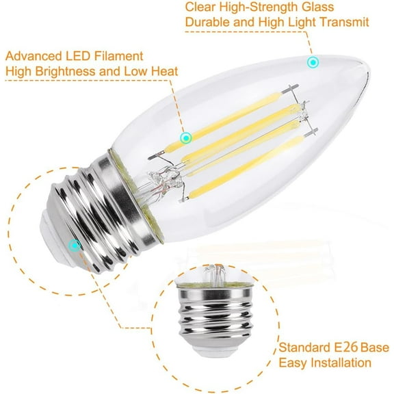 OTGFRF-E26 Candelabra led Light Bulbs 4 Watt (40 Watt Equivalent) LED Chandelier Light Bulbs 5000K Soft White Chandelier Decorative Candle Light Bulb Ceiling Fan Bulb Non-Dimmable 4Pack