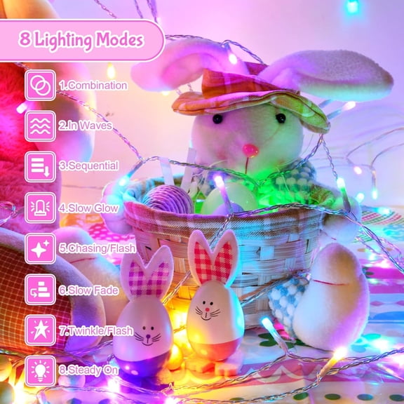 OTGFRF-Easter String Lights, Pastel Easter Lights Plug in with Timer 8 Lighting Modes 32ft 100LED Transparent Wire Fairy Lights for Easter Decorations Garland Outdoor Indoor Party